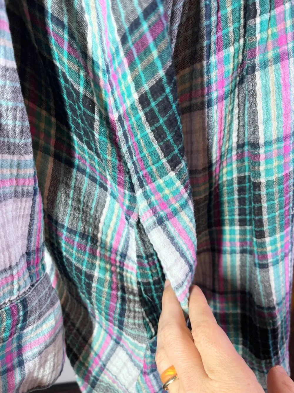 Free People XL The Voyage Shirt Dress Gauze Plaid Button-Up Long Sleeve Pockets